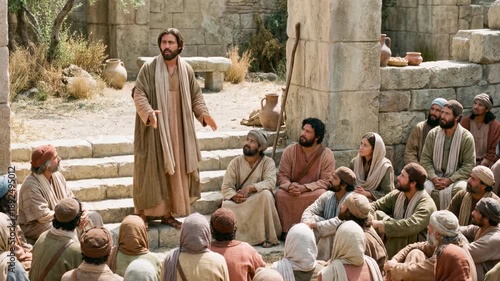 Jesus preaching to disciples and crowd in ancient stone village. Biblical scene of Christ teaching followers seated on ground. Religious history, christianity and gospel ministry concept