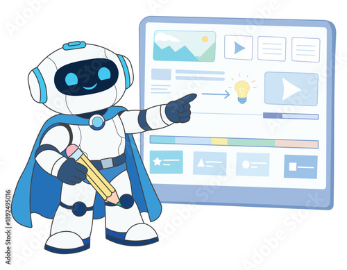 Friendly AI Robot Assisting Content Creator with Social Media Content Strategy and Smart Dashboard Technology