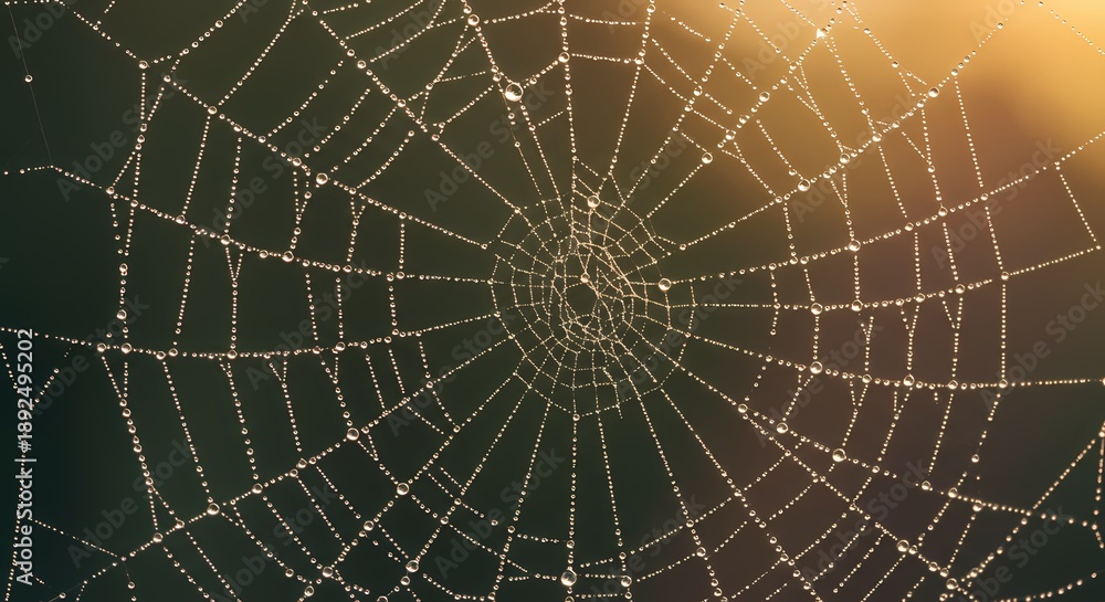 Obraz premium spider web with dew drops close-up on green background