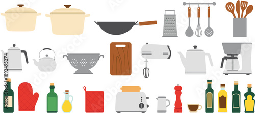 Flat design kitchenware set with pots wok kettle coffee maker hand mixer grater olive oil bottles and oven mitts.