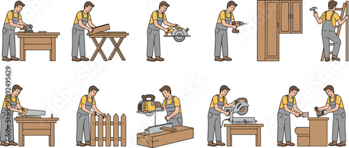 Flat design carpentry icon set featuring workers using saws drills hammers and sanders for furniture assembly and fencing.