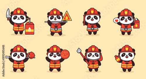Cute Panda Firefighter Cartoon Character Set
