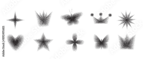 Y2k icons with grain noise gradient. Retro black stippling forms set. Butterfly, crown, heart and star halftone gradation figures isolated on white background. Vector dotworks grit shapes illustration