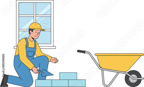 Flat design construction scene with bricklayer using a trowel next to a window and a yellow wheelbarrow.
