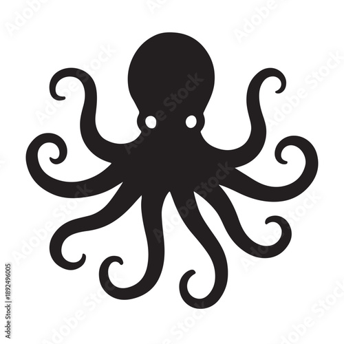 Minimalist black octopus silhouette with eight flowing tentacles and bright white eyes