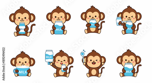 Cute Monkey with Milk Cartoon Set