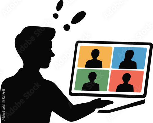 A simple icon illustration showing a businessman communicating within a social network using speech bubbles and connected people