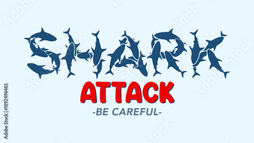 Creative Shark Typography Made of Shark Silhouettes with Attack Warning Text. Shark Attack Lettering Design with Marine Life Silhouettes.