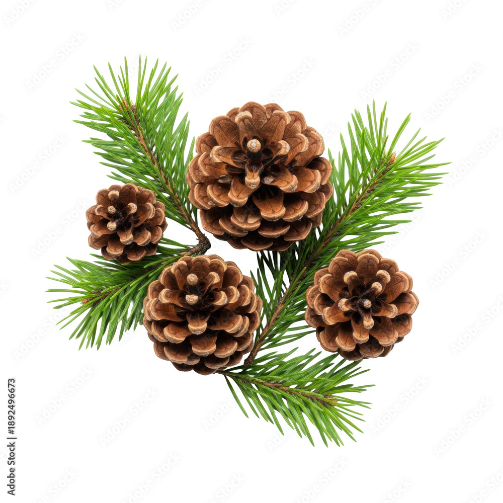 Fototapeta premium Three natural brown pine cones of various sizes with vibrant green pine needles intricately arranged on a transparent background, brightly lit with copy space. Festive winter holiday decoration