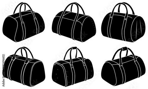 Collection of various black duffel bags with white stitching on a white background viewed from different angles