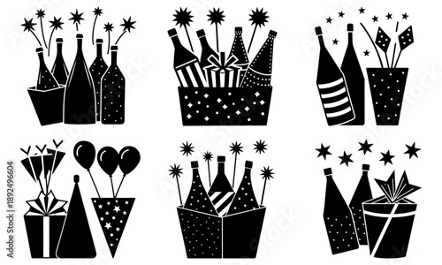 Celebratory champagne bottles and gift boxes with festive decorations and balloons in a joyful party scene illustration