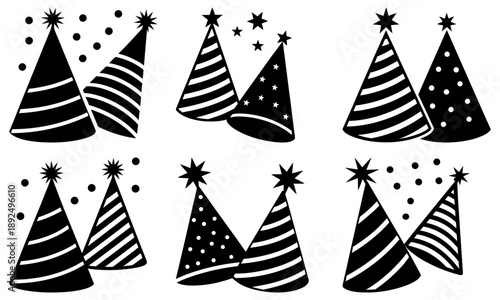 A collection of festive party hats with stars and stripes arranged in a grid pattern