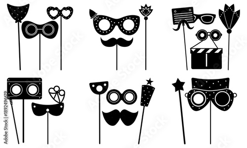 Collection of party props including masks, mustaches, and glasses on sticks for fun events and celebrations