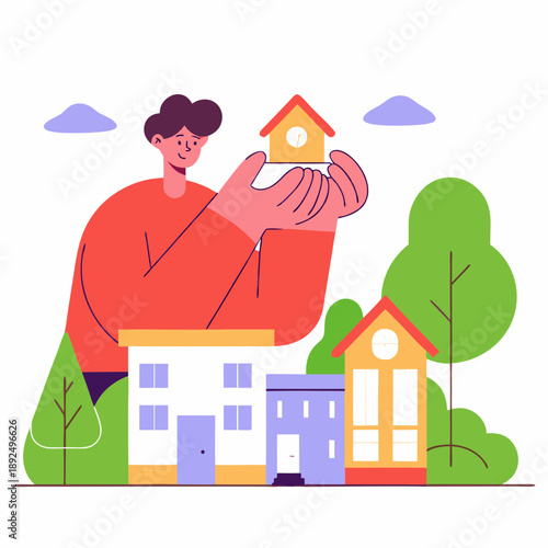 Cartoon house with a man and family standing outside the home illustration