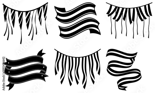 Black and white abstract wavy ribbons and streamers in various shapes and designs isolated on a clean background
