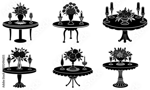 Various table settings with floral centerpieces and candelabras in different table styles and shapes