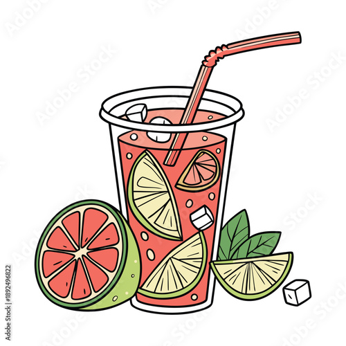 A refreshing glass of red lemonade with citrus slices and ice cubes.
