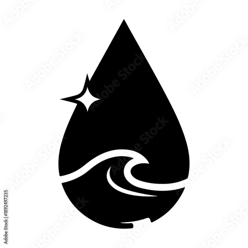 Dynamic black teardrop logo with white wave and star, isolated on transparent background, captured from frontal viewpoint for branding illustration