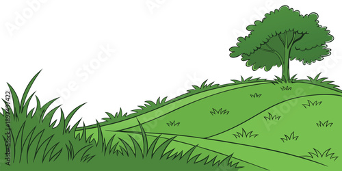 A peaceful landscape with rolling green hills, a single tree, and abundant grass.
