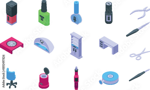 Isometric Beauty and Nail Salon Equipment Icons manicure