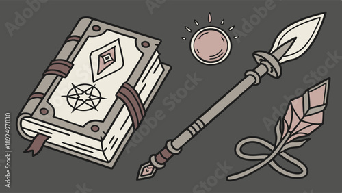 Ancient Magic Grimoire Spellbook Staff and Orb Hand Drawn Illustration Set Mystical Witchcraft Esoteric Tools for RPG Game Design