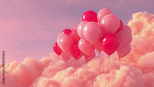 Balloons floating in pink sky