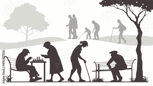Active Senior Citizens Silhouette Playing Chess and Walking in Park Retirement and Healthy Aging Illustration