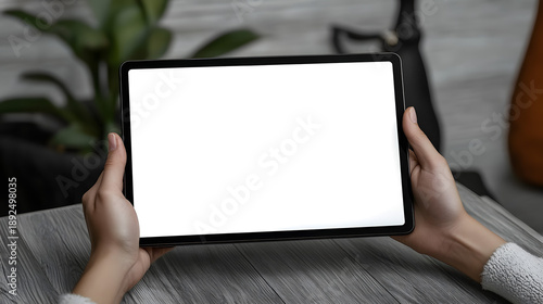 White tablet, hand use, design art.