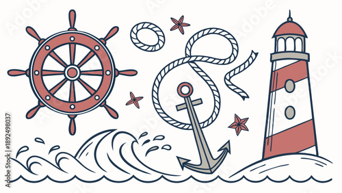 Vintage Nautical Elements Vector Set Ship Wheel Anchor Lighthouse Waves and Starfish Coastal Marine Adventure Graphics