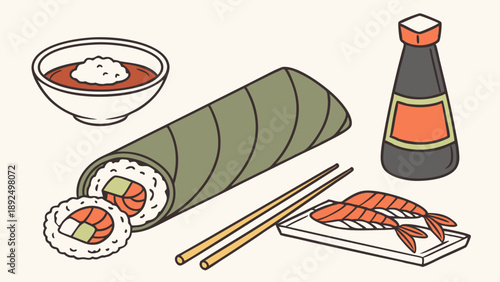 Appetizing Japanese Sushi Meal Illustration Vector Graphic Maki Roll Nigiri Soy Sauce and Soup for Restaurant Menu and Food Delivery App