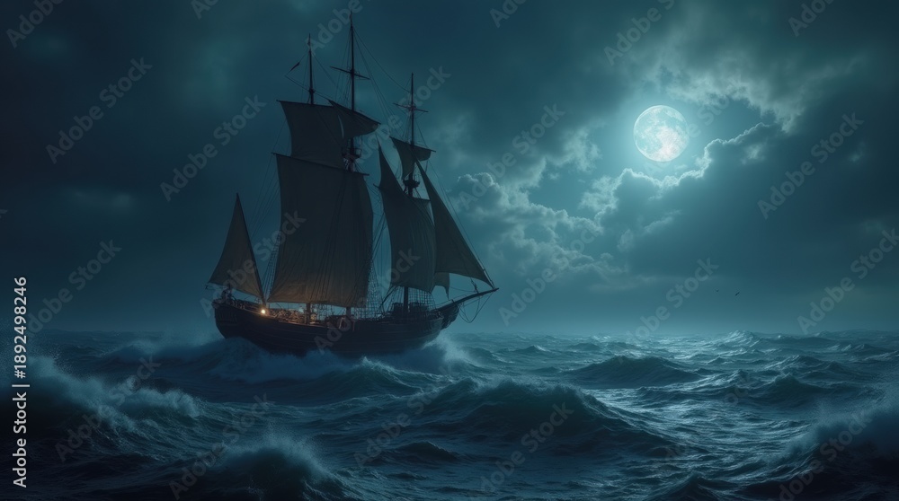 Fototapeta premium Fleet of Viking longships sailing on a stormy sea at night under a full moon. Dramatic cinematic scene of Norse warriors on a voyage during a tempest. Generative AI.