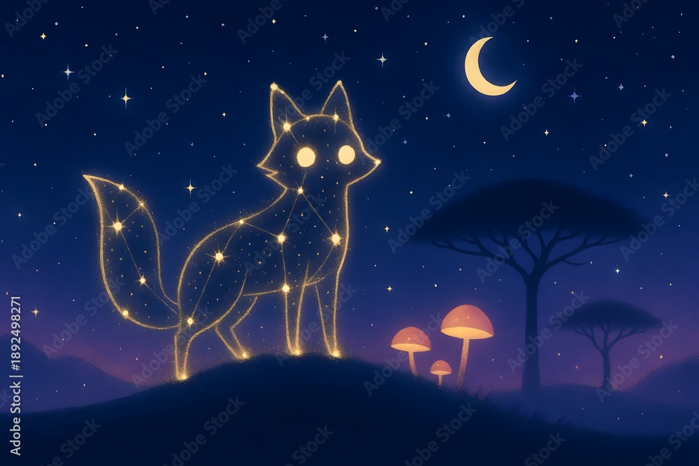 Fototapeta premium Fox constellation glowing in a deep navy sky with a crescent moon, whimsical cosmic illustration with starlight for nursery decor, children's books, and wall prints.