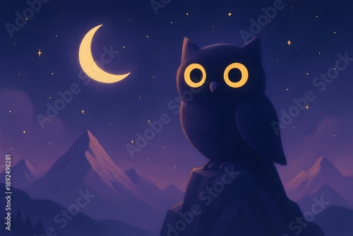 Wide night landscape with a big-eyed owl perched on a rock beneath a crescent moon, indigo mountains and gold stars, soft textured illustration for posters and classroom nature themes.