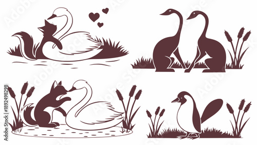 Cute Animal Love Pairs Vector Silhouette Set Fox Swan Geese Penguin Romance Icons for Valentine Day Design