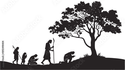 Spiritual Journey Progression Silhouette Showing Evolution of Faith Study and Devoted Worship Under a Tree