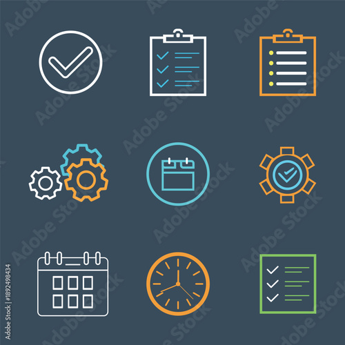 Productivity and Task Management Line Icon Set with Checklist Calendar and Time Icons.