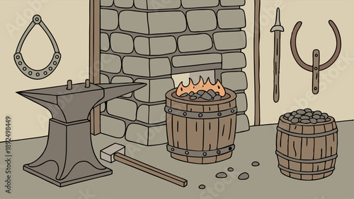 Traditional Blacksmith Workshop Anvil Forge and Tools Rustic Metalworking Craftsmanship Industry Illustration