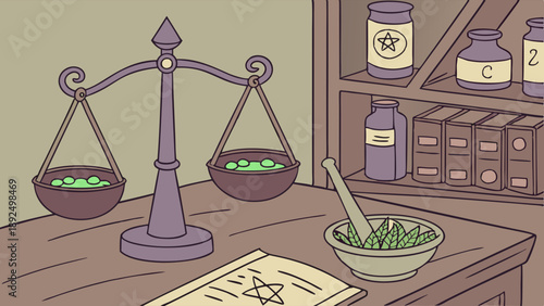 Historical Occult Alchemist Workbench with Balanced Scale Mortar and Pestle and Magic Spell Book Drawing