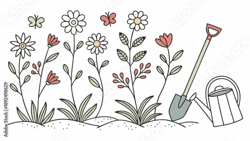 Stylized Spring Garden Doodle Illustration with Flowers Butterflies Shovel and Watering Can Nature Background Banner Design