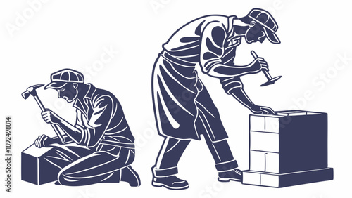 Skilled Tradesmen Building Foundation and Woodwork Focused Construction Laborers Quality Craftsmanship Illustration