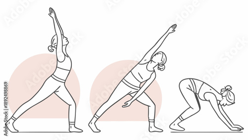 Female Athlete Performing Dynamic Yoga Flow Sequence Stretching Routine Fitness Workout Steps Wellness Illustration