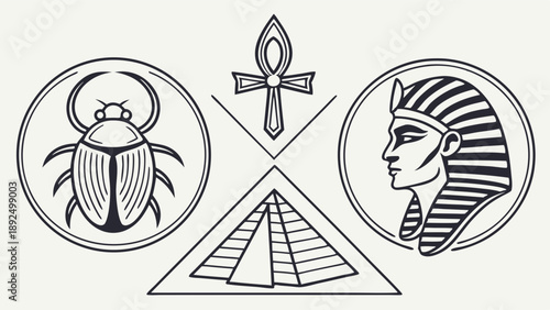 Sacred Egyptian Symbols Outline Vector Art Pharaoh Profile Scarab Ankh Cross and Pyramid Structure Mythology Design