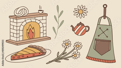 Rustic Cozy Home Baking Vector Set Fireplace Pie Teapot Apron And Daisy Flowers Hand Drawn Illustration
