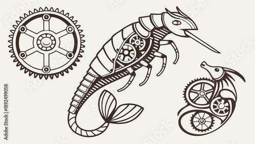 Steampunk Mechanical Creature and Gears Vintage Line Art Drawing Retrofuturistic Biomechanical Industrial Illustration Design