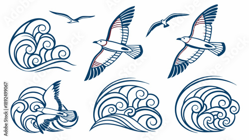 Vintage Nautical Elements Set Flying Seagulls and Dynamic Ocean Waves Vector Illustrations for Coastal Branding and Summer Travel Design