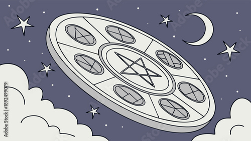 Mysterious Sci Fi Flying Saucer UFO Illustration Floating in Dark Night Sky with Stars and Crescent Moon Vector Graphic