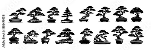 Bonsai Tree Silhouette Icon Set – Black Japanese Miniature Trees Collection