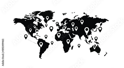 Black and white illustration of world map with location markers