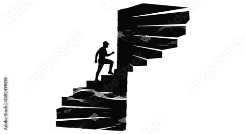 Silhouette of person climbing uneven stairs towards uncertain future