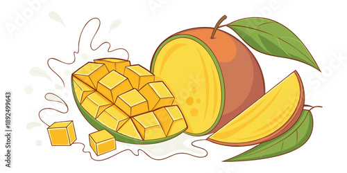 A ripe whole mango, half cut, and diced pieces with a splash.
